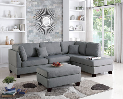 3-Piece Sectional with Reversible Chaise & Ottoman, Polyfiber Fabric, L-Shaped Contemporary Set, Grey