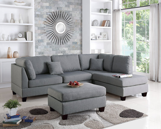 3-Piece Sectional with Reversible Chaise & Ottoman, Polyfiber Fabric, L-Shaped Contemporary Set, Grey