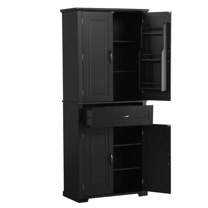 Tall Black Bathroom Storage Cabinet with Adjustable Shelf, Doors, and Drawer for Versatile Organization