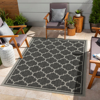 Indoor/Outdoor Trellis Rug, 5'3 x 7'3, PP-Polyester, Stain-Resistant, Patio & Living Room, Anthracite