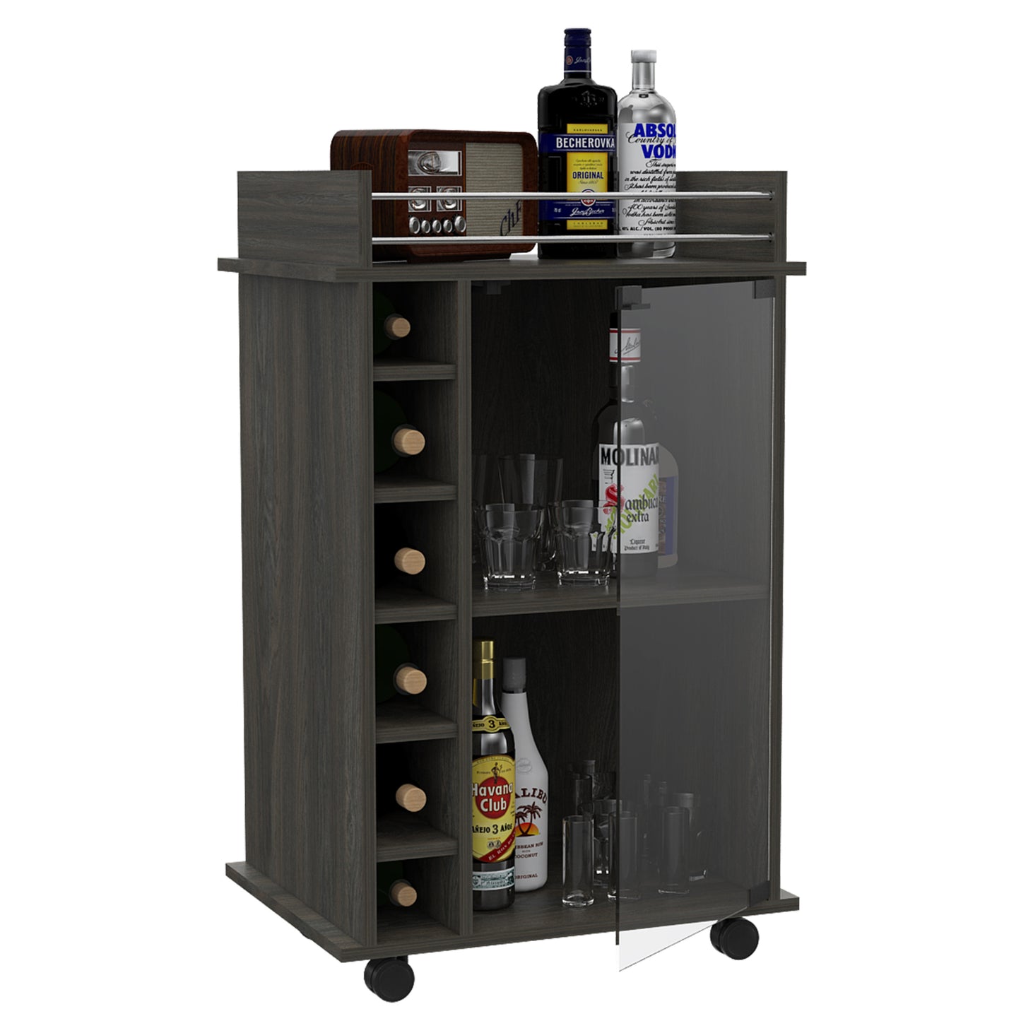 Espresso Bar Cart With Glass Door Cabinet Locking Casters