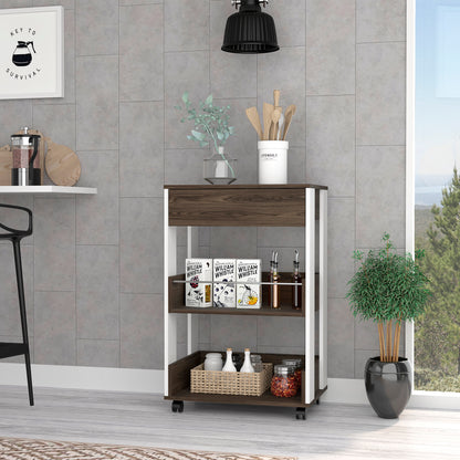White and Dark Walnut Kitchen Cart on Wheels with Drawer