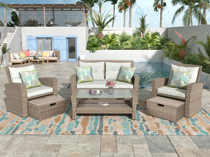 Four-Piece Outdoor Patio Conversation Set With All Weather Wicker Sectional And Ottoman Cushions Beige