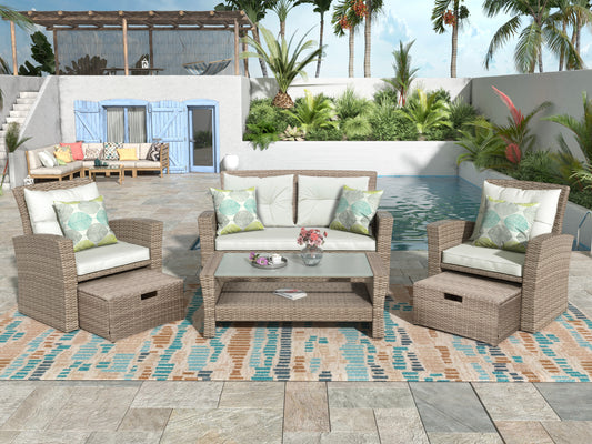 Four-Piece Outdoor Patio Conversation Set With All Weather Wicker Sectional And Ottoman Cushions Beige