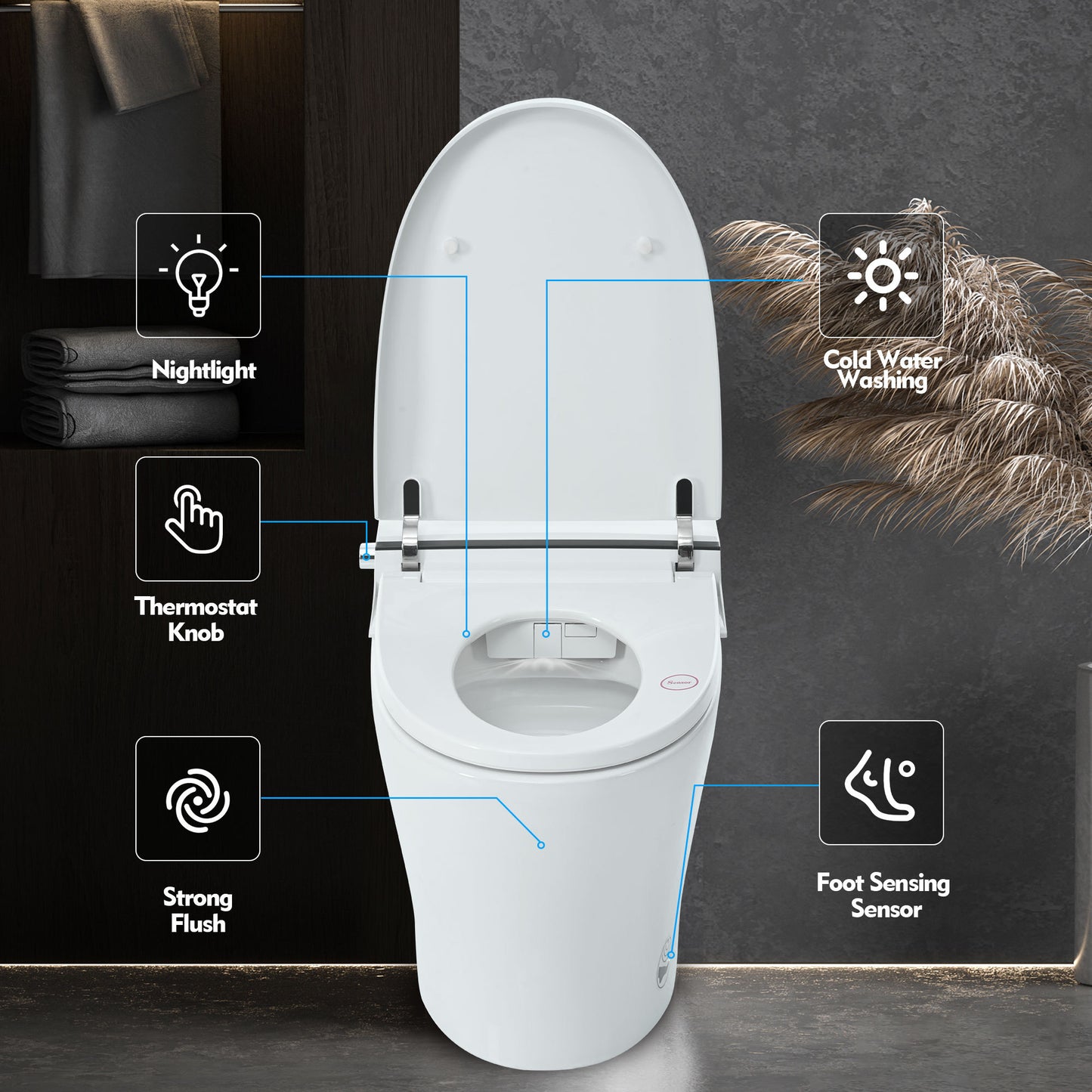 High-Tech Self-Cleaning Bidet Toilet with Dual Flush and Foot Sensor, Compact Design, LED Night Light, Soft Close, and Power Backup