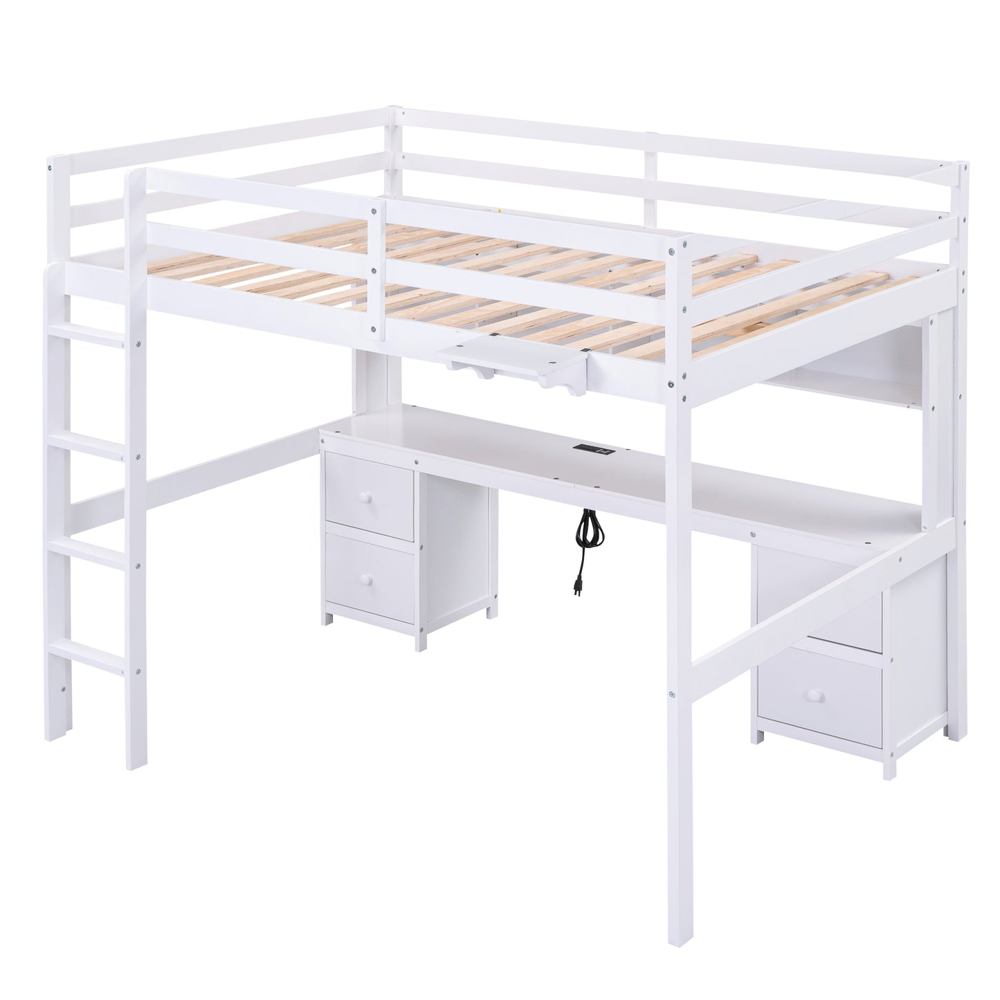 White Full Size Loft Bed with Integrated Desk, Storage Drawers, Bedside Tray, and Charging Station