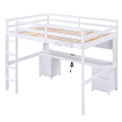 White Full Size Loft Bed with Integrated Desk, Storage Drawers, Bedside Tray, and Charging Station
