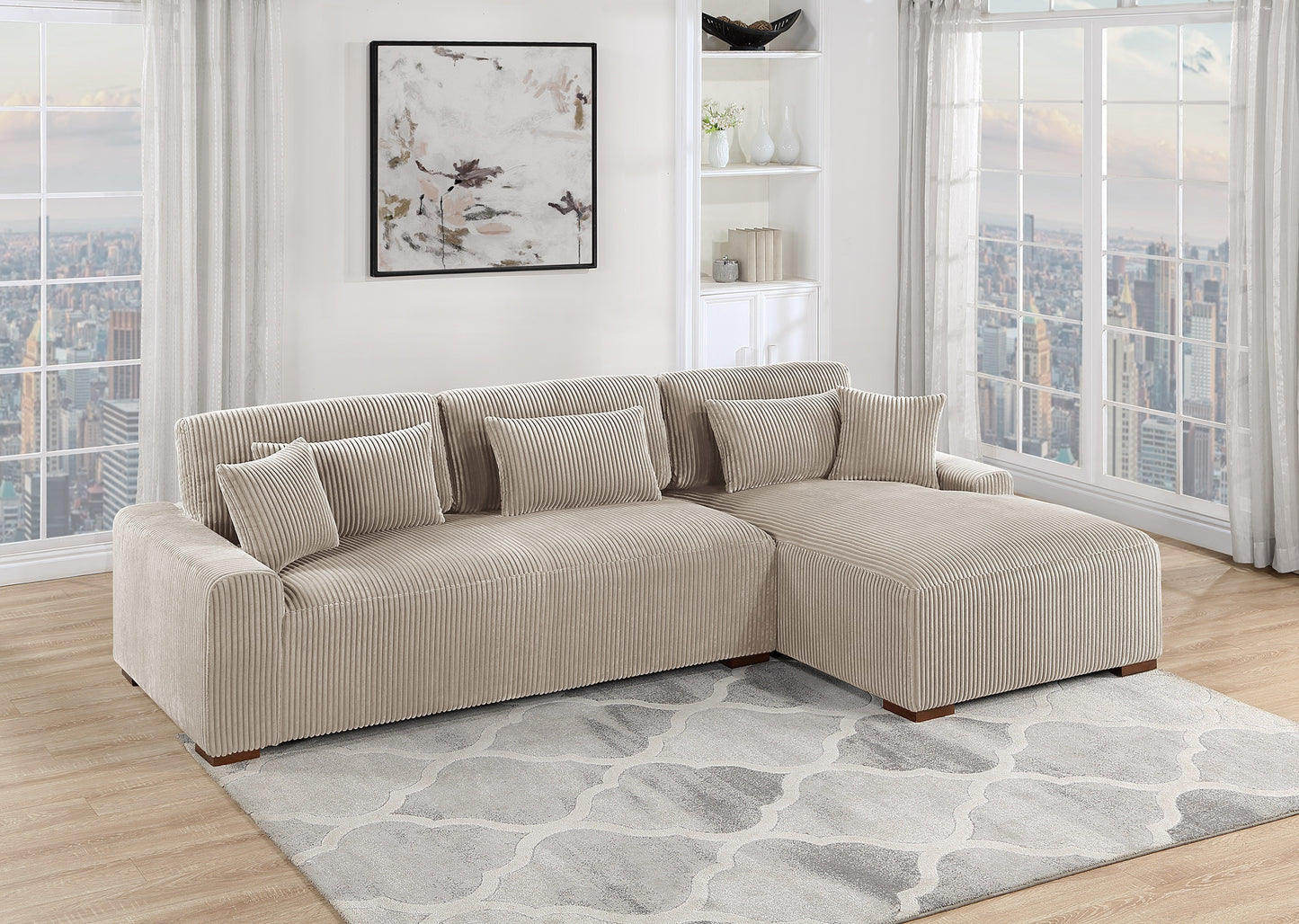 XL Modern 2-Piece Sectional: Corduroy Fabric L-Shaped Sofa & Chaise, Living Room Couch - Camel
