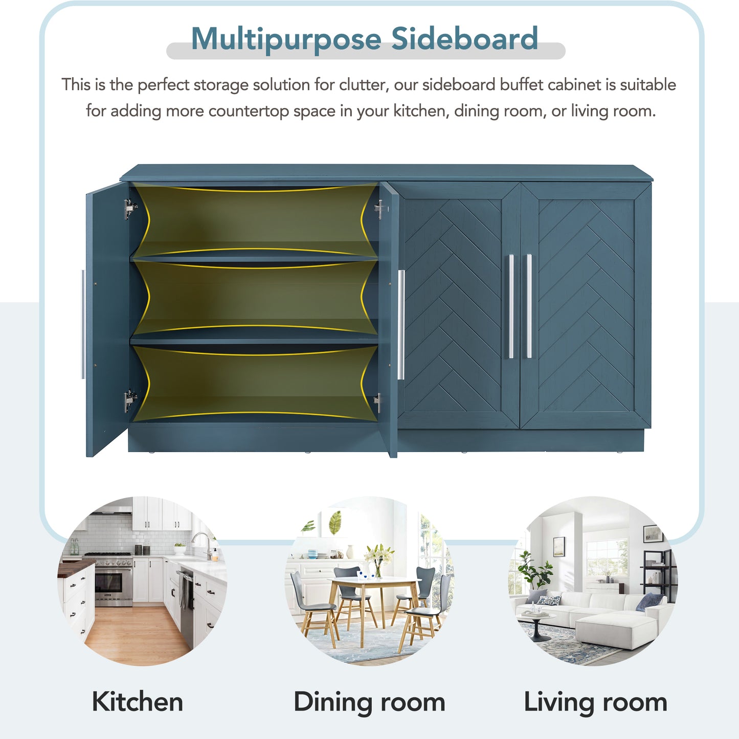 TREXM Sideboard with 4 Doors Large Storage Space Buffet Cabinet with Adjustable Shelves and Silver Handles for Kitchen, Dining Room, Living Room (Antique Blue)