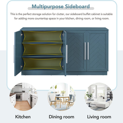 TREXM Sideboard with 4 Doors Large Storage Space Buffet Cabinet with Adjustable Shelves and Silver Handles for Kitchen, Dining Room, Living Room (Antique Blue)