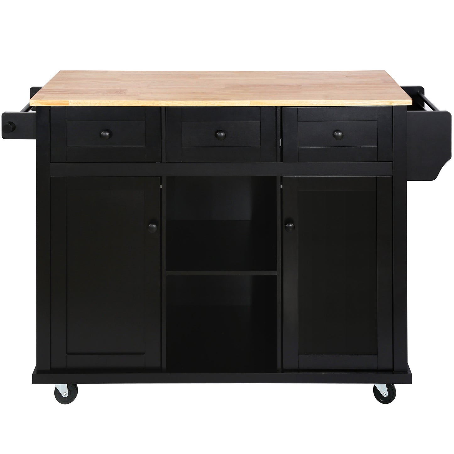 Black Kitchen Island Cart with Drop-Leaf Rubber Wood Top, Storage Cabinet, and Rolling Wheels