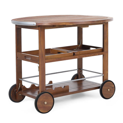 Tillary Drop Leaf Outdoor Bar Cart With Wine Rack Oak Finish