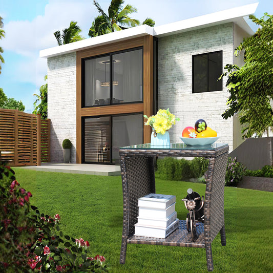 Outdoor Patio Coffee Table With Clear Tempered Glass Top Rattan Frame 19.25 Inches Square 21 Inches High Brown