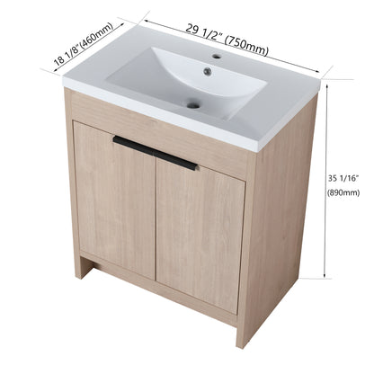 30-Inch Light Oak Freestanding Bathroom Cabinet with Soft-Close Doors & Integrated Resin Sink