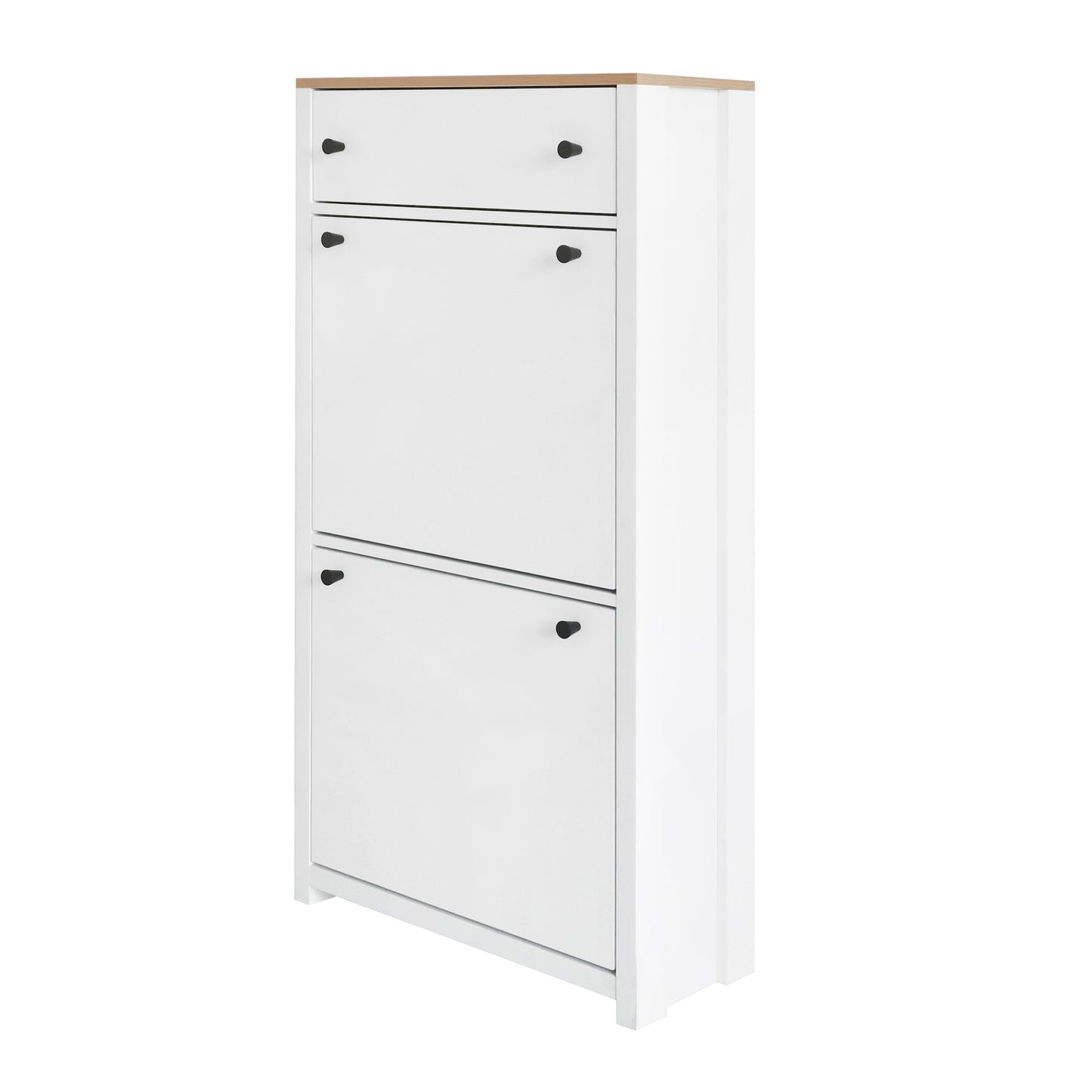 Contemporary White Shoe Cabinet with Wood Grain Top, Adjustable Drawer Organizer and 2 Flip Storage Sections for Entryway