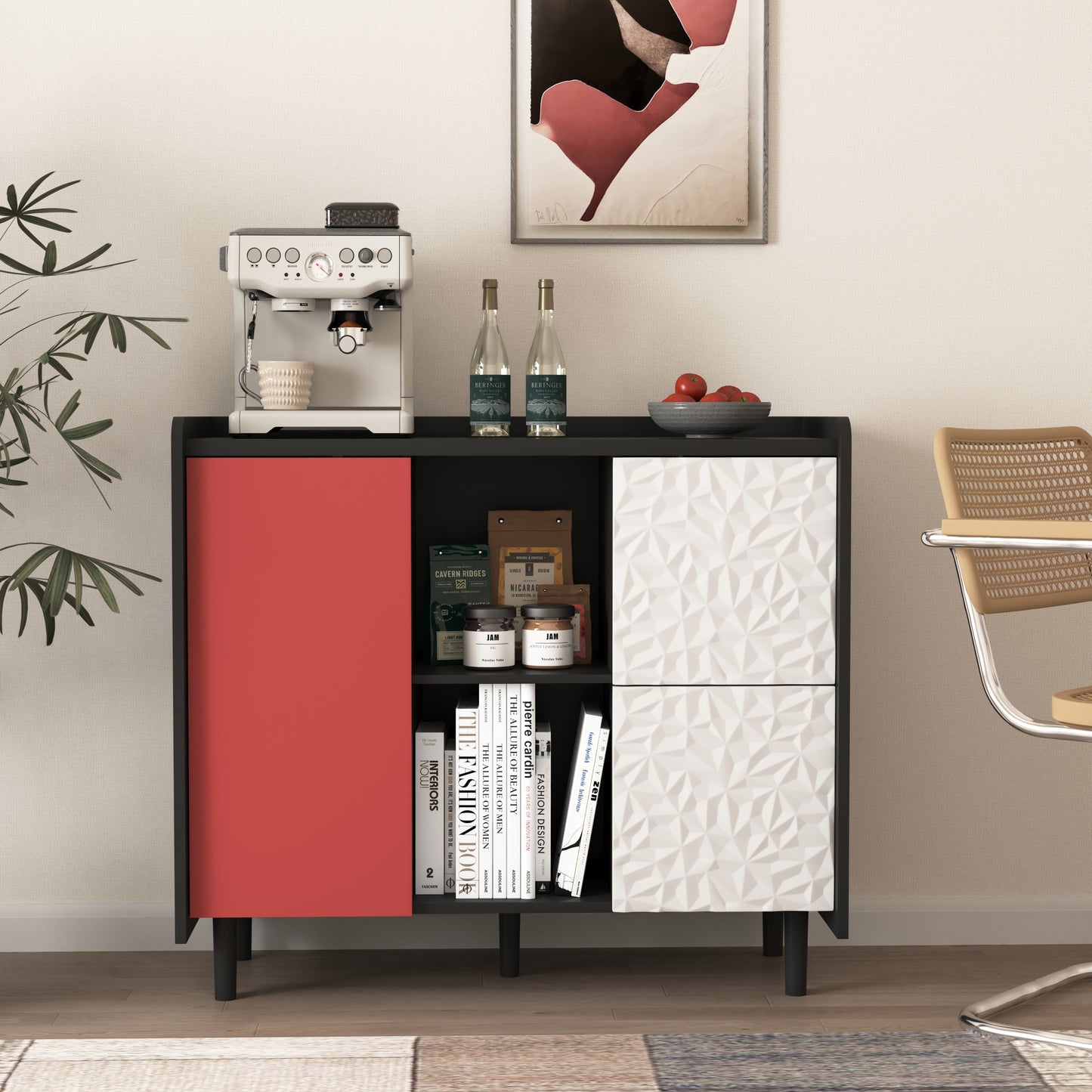 Sideboard Buffet Cabinet, Black Storage Cabinet with Red Doors , 2 Drawers with unique panel styling and 2 Open Storage Compartment, Modern Coffee Bar Cabinet Accent Cabinet for Kitchen, Dining Room,