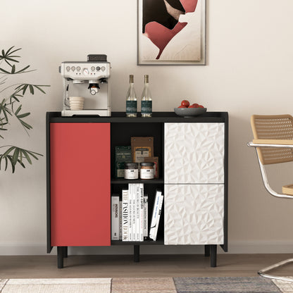 Sideboard Buffet Cabinet, Black Storage Cabinet with Red Doors , 2 Drawers with unique panel styling and 2 Open Storage Compartment, Modern Coffee Bar Cabinet Accent Cabinet for Kitchen, Dining Room,