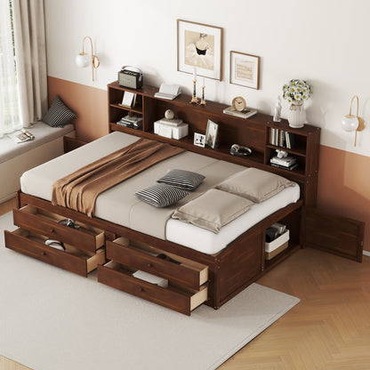 Elegant Antique Brown Full Size Wooden Captain Bed with Ample Storage and Built-in Shelves