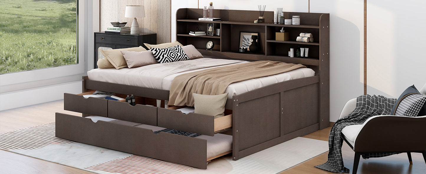 Antique Grey Full Size Wooden Captain Bed with Shelves, Drawers, and Trundle