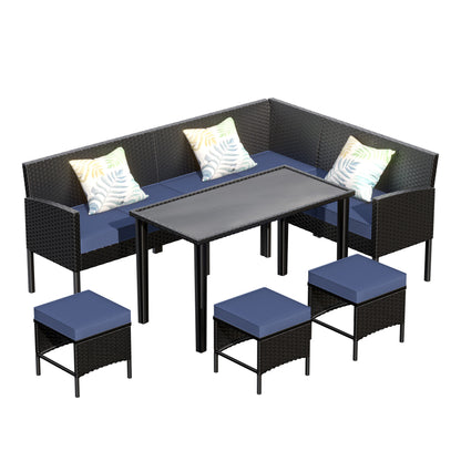 7 Piece Outdoor Furniture Set With Waterproof Cushions, Glass Table, Space Saving Design For Patios, Seats 10 Plus, Blue