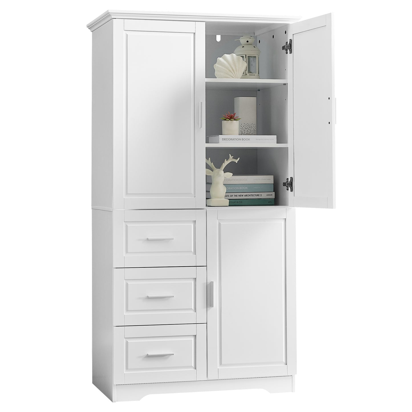 Versatile Tall Storage Cabinet with Doors and Drawers for Bathroom, Office, or Kitchen - White MDF Design