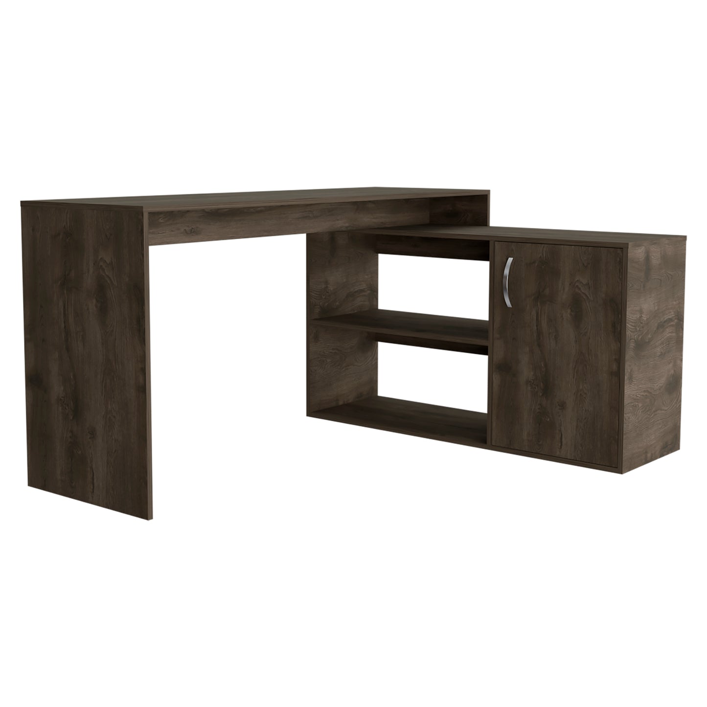 Dark Brown L-Shaped Writing Desk with Two Shelves and Storage Cabinet