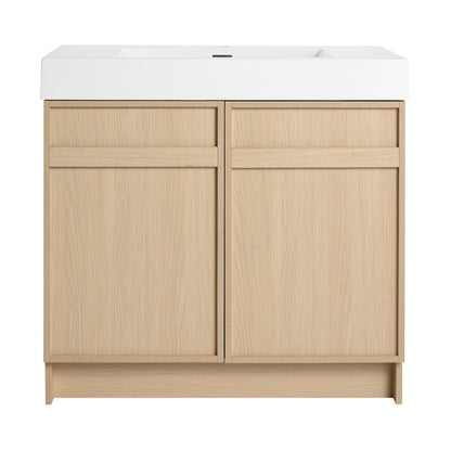 Modern 36" Freestanding Oak Bathroom Vanity with Soft-Close Doors & Integrated White Resin Sink