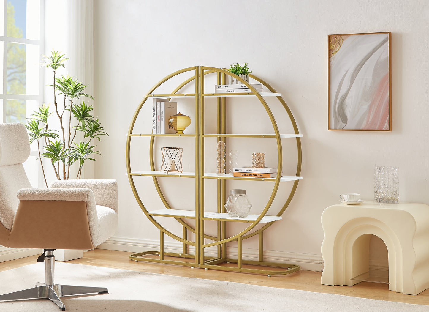 Modern 4-Tier Round Open Bookshelf with Gold Metal Frame and Adjustable Placement Options