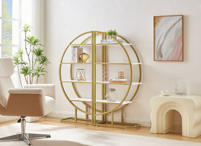 Modern 4-Tier Round Open Bookshelf with Gold Metal Frame and Adjustable Placement Options