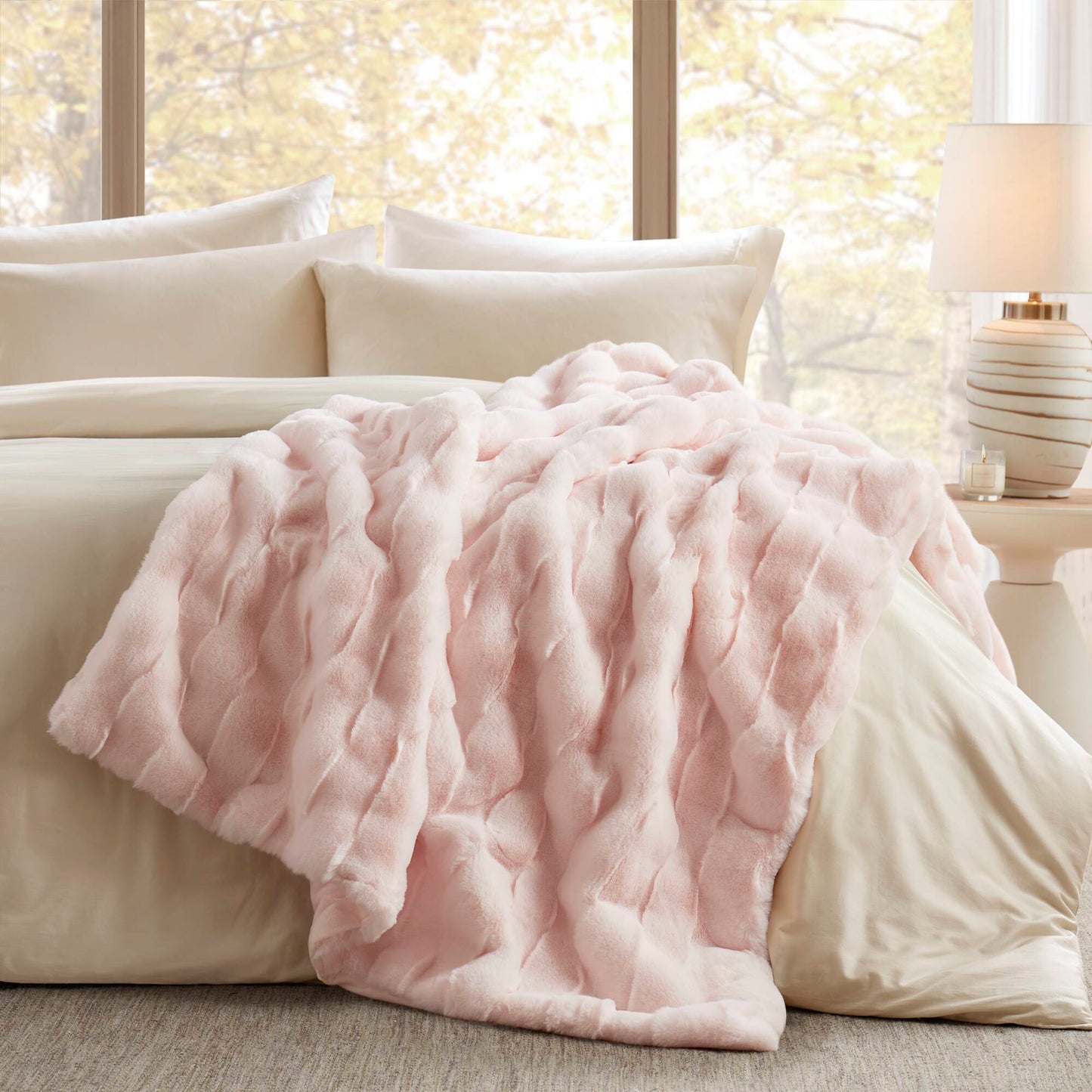 50 x 60 Faux Fur Throw with Basketweave Face and Velvet Reverse, 100% Polyester, Machine Washable, Pink