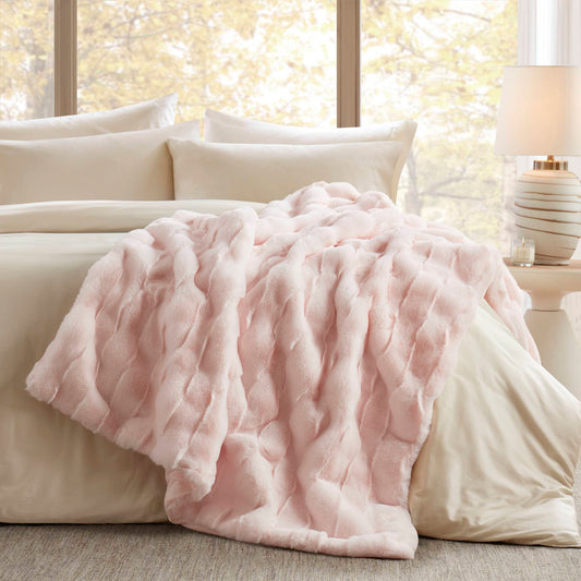 50 x 60 Faux Fur Throw with Basketweave Face and Velvet Reverse, 100% Polyester, Machine Washable, Pink