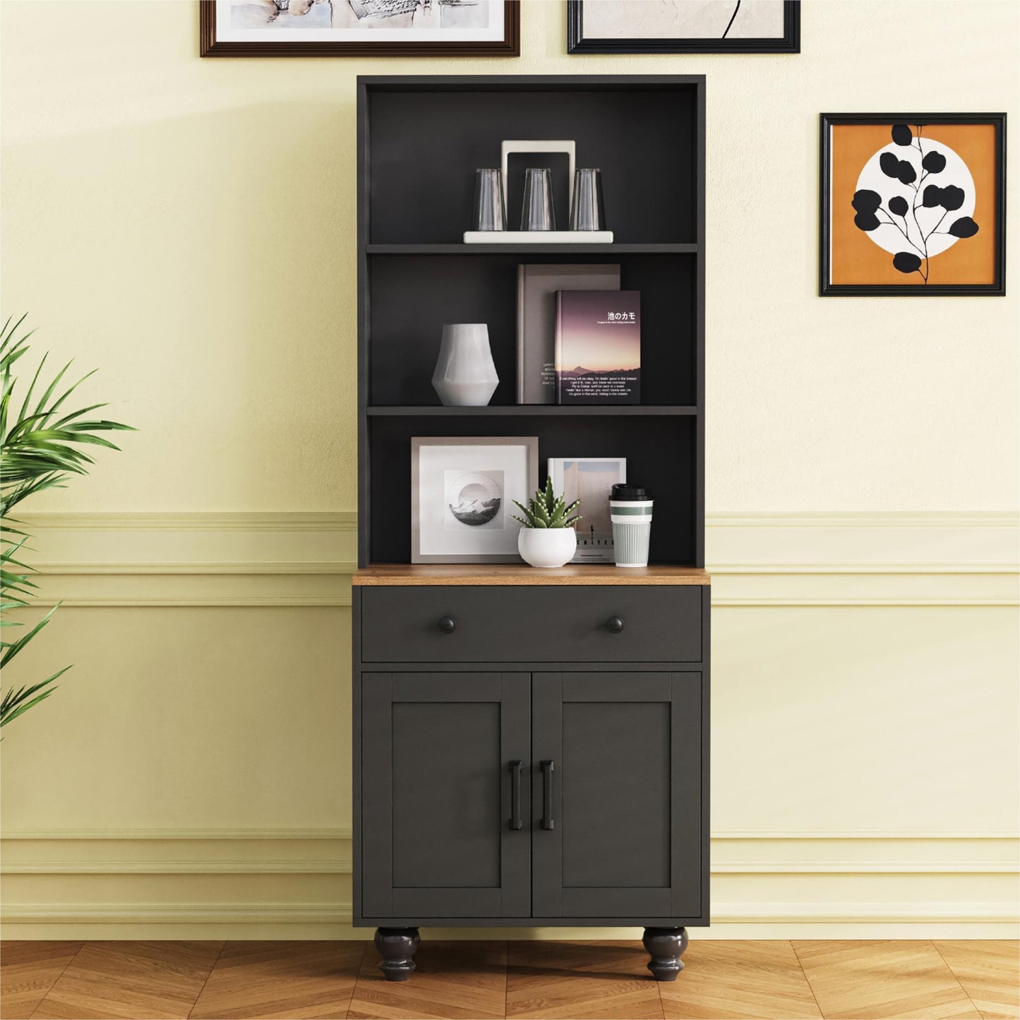 Elegant Black Farmhouse Storage Cabinet with Adjustable Shelves and Gourd-Shaped Legs, Versatile Kitchen Pantry and Bookshelf Solution
