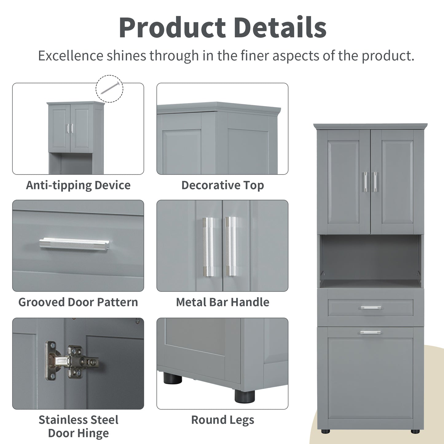 Tall Grey Storage Cabinet with Removable Laundry Hamper, Multi-Functional Upper Shelves and Cabinet Doors