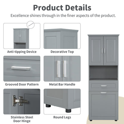 Tall Grey Storage Cabinet with Removable Laundry Hamper, Multi-Functional Upper Shelves and Cabinet Doors