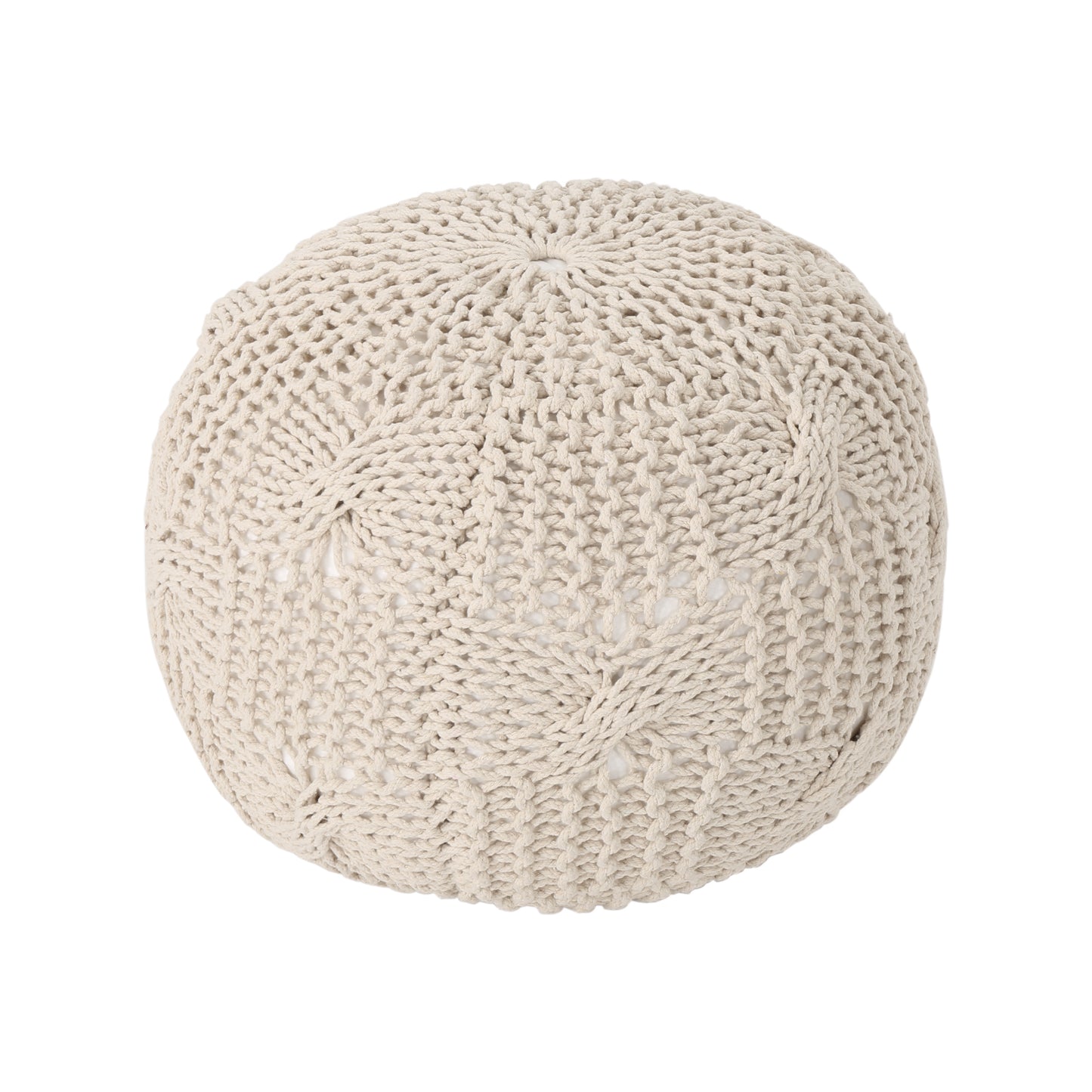 Round Knitted Cotton Pouf Ottoman Floor Cushion for Living Room, 20 x 20 Inches, Handcrafted Decor Beige
