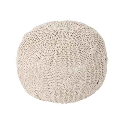 Round Knitted Cotton Pouf Ottoman Floor Cushion for Living Room, 20 x 20 Inches, Handcrafted Decor Beige