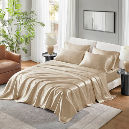 Queen Satin Sheet Set - 100% Polyester, Wrinkle-Resistant, Flat & Fitted Sheets, 4 Pillowcases, Champagne