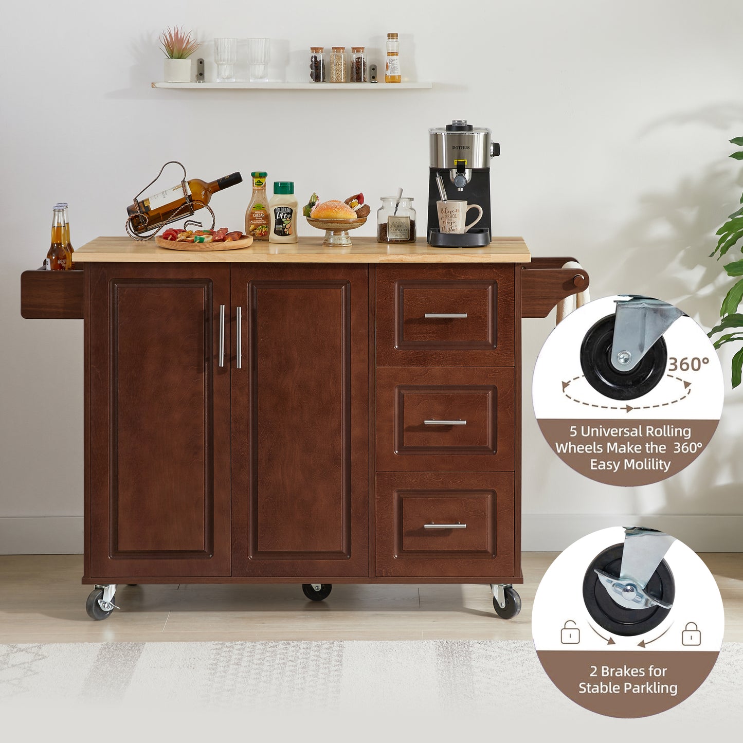 Rolling Kitchen Island Cart with Drop Leaf Tabletop and Storage, Retro Brown Barn Door Design on Wheels