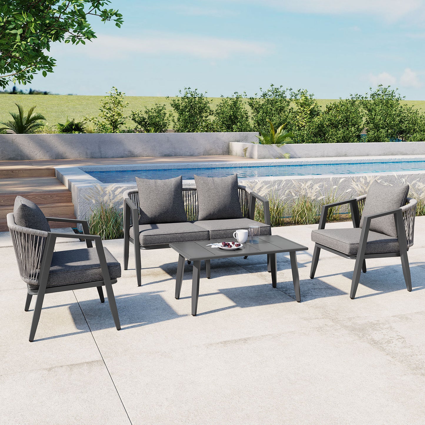 Durable Outdoor Patio Set For 4 With Iron Frame American Traditional Design Complete Seating For Patio Lawn Gray