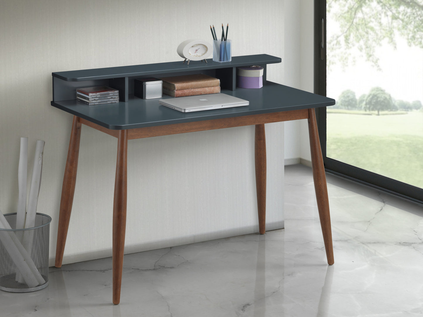 Grey and Brown Mid-Century Modern Rubber Wood Writing Desk with Hutch