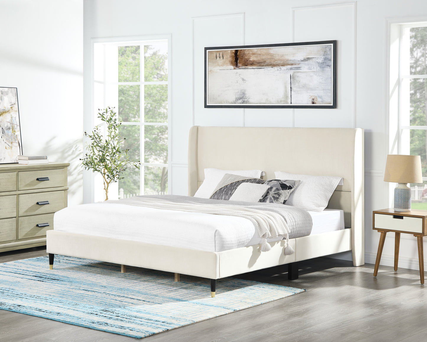 King Velvet Wingback Platform Bed Frame, Contemporary Upholstered MDF/Particle Board, Beige