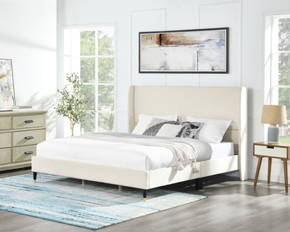 King Velvet Wingback Platform Bed Frame, Contemporary Upholstered MDF/Particle Board, Beige