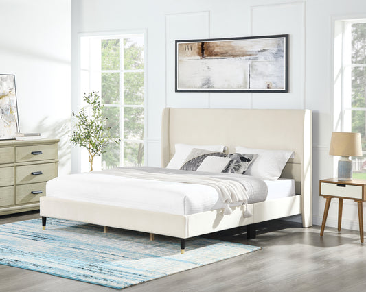 King Velvet Wingback Platform Bed Frame, Contemporary Upholstered MDF/Particle Board, Beige