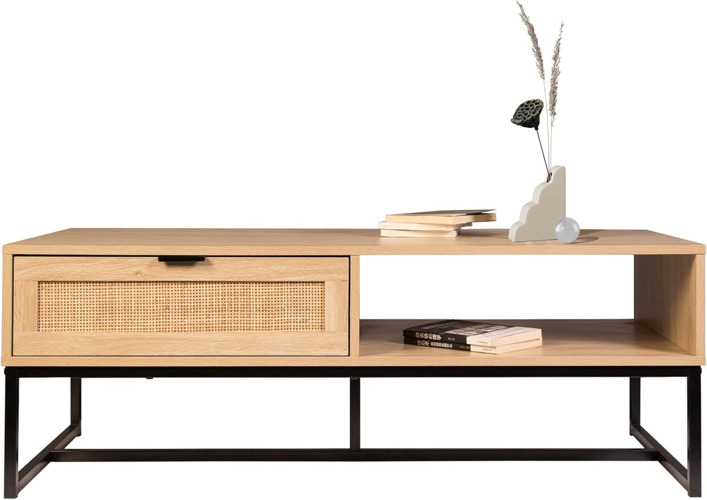 Coastal Modern TV Stand with Drawer and Storage Cubby, 47in L x 21in W x 17in H, Wood Console, Black