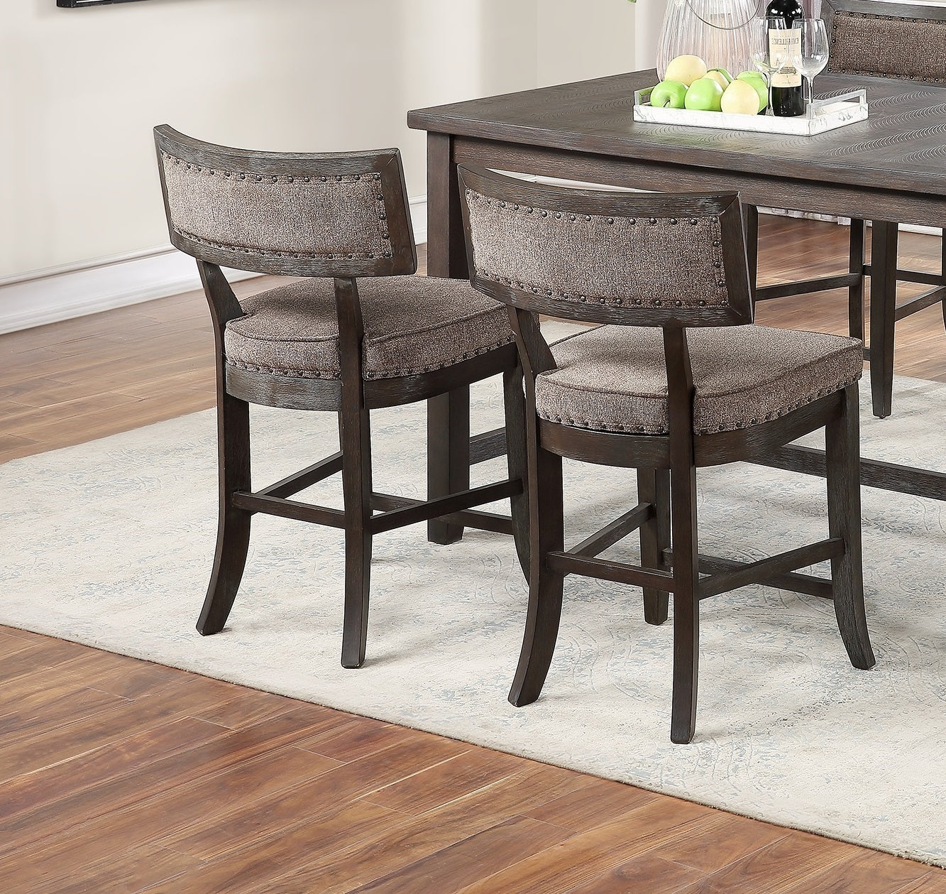 Kitchen Dining Room Chairs Solid wood & Veneer 2pcs High Chair Set Cushion Curved Seat back Rustic Espresso Counter Height Chairs