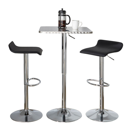 Contemporary Adjustable Bar Set, 3-Piece Square Bistro, Metal Frame, PVC Cushions, Finish Black