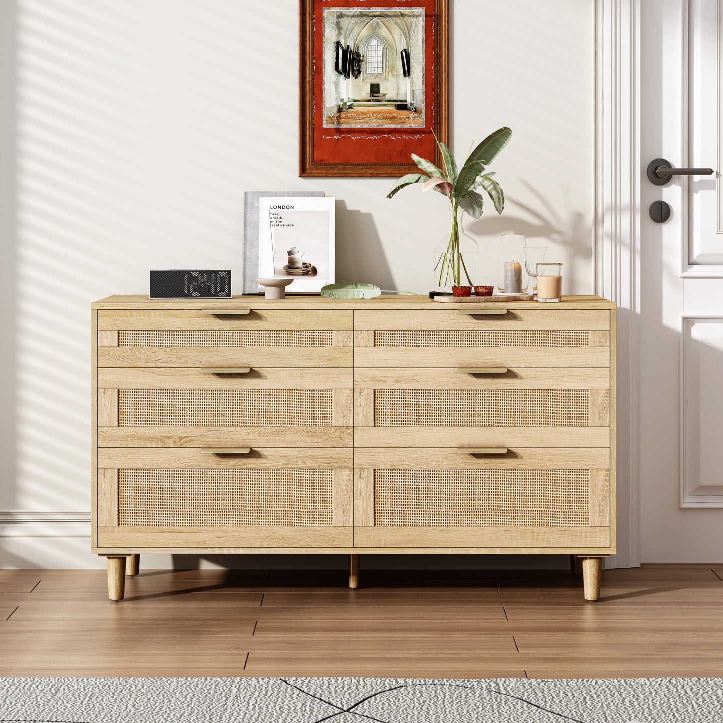 Elegant 51" Rattan Storage Dresser with 6 Drawers for Bedroom and Living Room, Modern Wood Legs and Metal Handles, Natural Finish