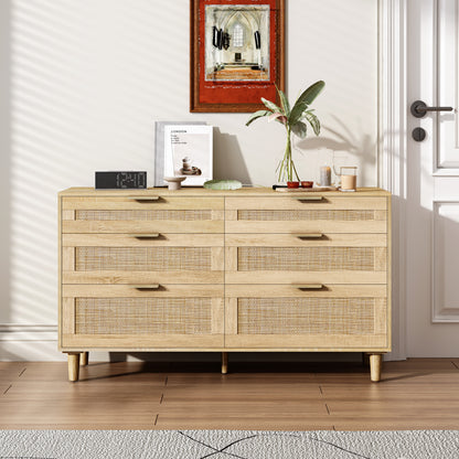 Elegant 51" Rattan Storage Dresser with 6 Drawers for Bedroom and Living Room, Modern Wood Legs and Metal Handles, Natural Finish
