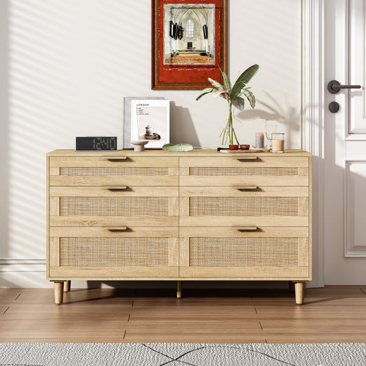 Elegant 51" Rattan Storage Dresser with 6 Drawers for Bedroom and Living Room, Modern Wood Legs and Metal Handles, Natural Finish