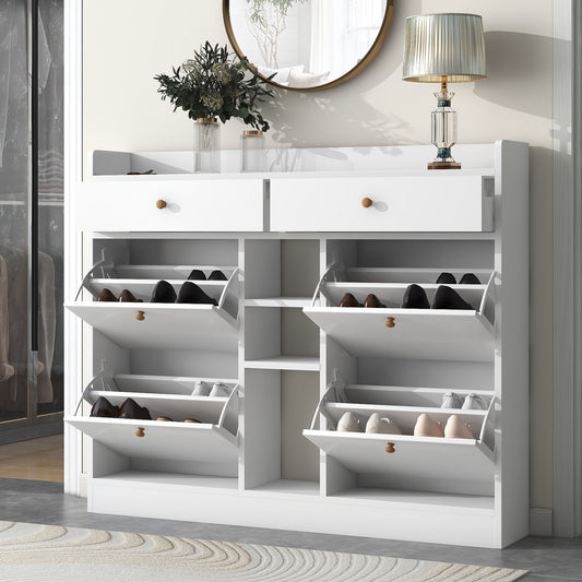 Stylish Modern White Shoe Cabinet with 4 Flip Drawers, 2-Tier Shoe Storage Organizer for Entryway, Space-Saving Free Standing Rack
